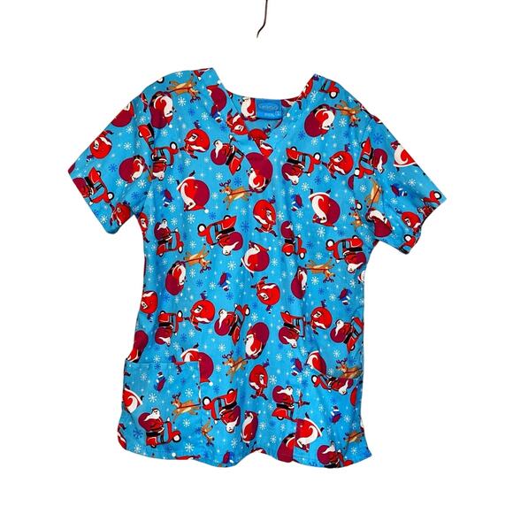 The Scrub Co XL Women’s Santa Scrub Top Blue With Adorable Santas - Picture 1 of 5